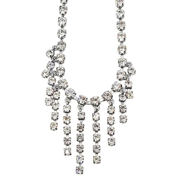 Rhinestone stream centerpiece necklace with cascading rows and dangling tassels