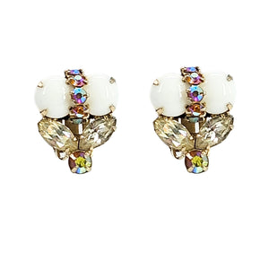 White milk glass flower earrings with gold-tone setting and multicolor rhinestones
