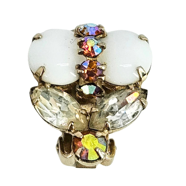 White milk glass flower earring with gold-tone petals and rainbow rhinestone cluster