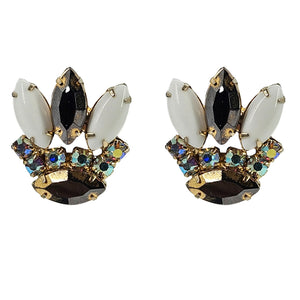 Vintage 1960s Milk Glass Cabochon Rhinestone Crown Earrings