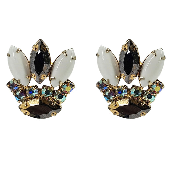 Vintage 1960s Milk Glass Cabochon Rhinestone Crown Earrings