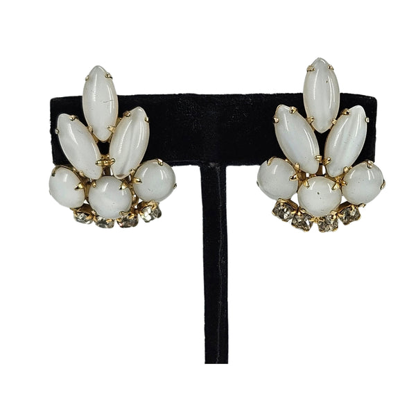 Vintage 1960s Opalescent Moonstone Glass Rhinestone Earrings
