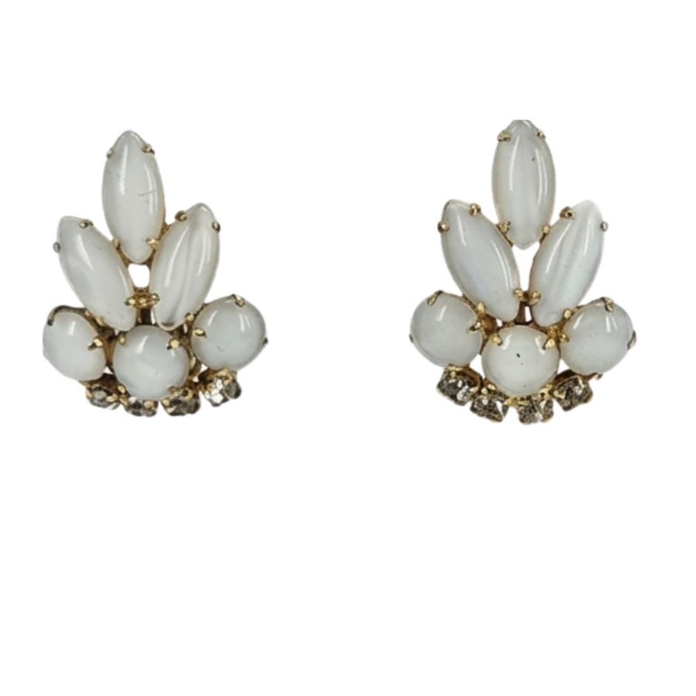 White opalescent glass rhinestone earrings with oval stones and gold-tone prong setting