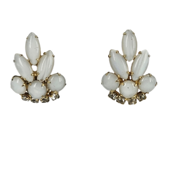 Vintage 1960s Opalescent Moonstone Glass Rhinestone Earrings