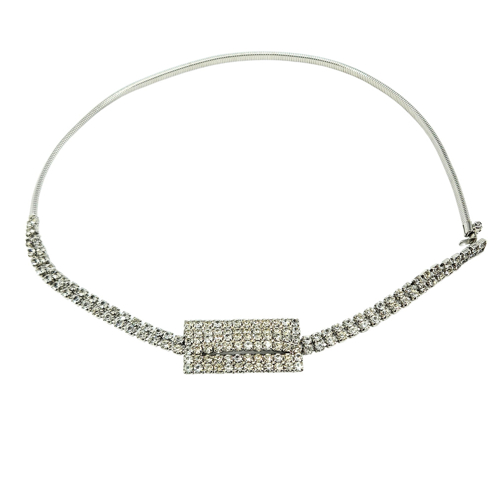 Silver rhinestone snake-coil stretch belt with rectangular buckle