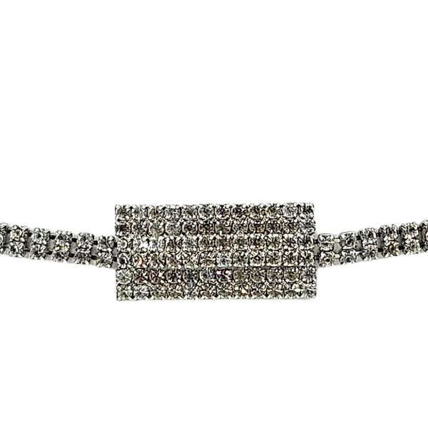 Silver rhinestone buckle centerpiece with grid of stones on stretch belt
