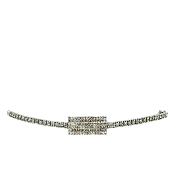 Silver rhinestone stretch belt with snake-coil band and rectangular buckle
