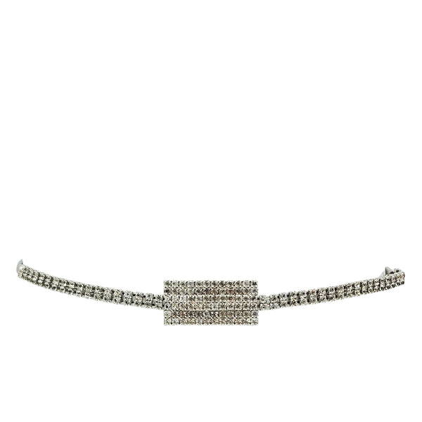 Silver rhinestone stretch belt, snake-coil bands with rectangular buckle
