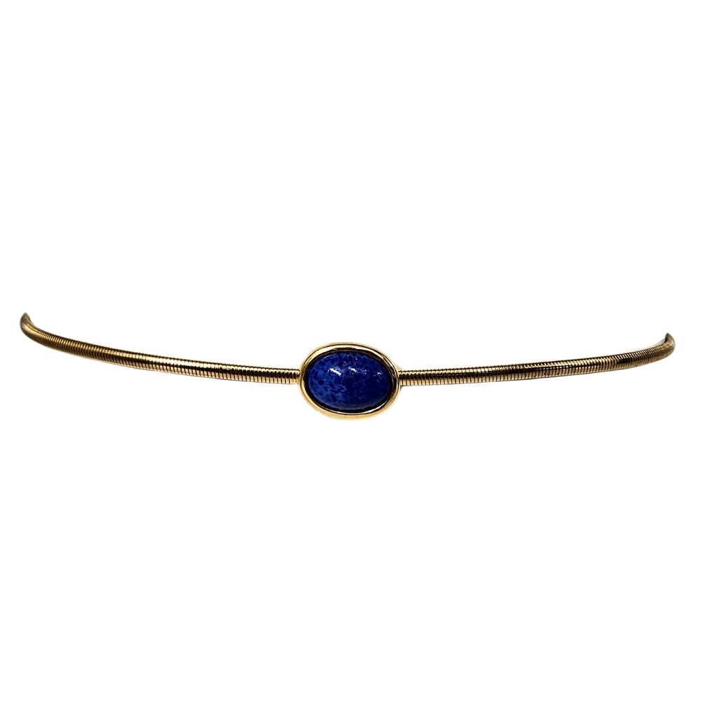 Gold stretch belt with blue oval stone centerpiece, thin flexible band