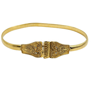 Gold snake-chain stretch belt with ornate filigree buckle and textured center bar