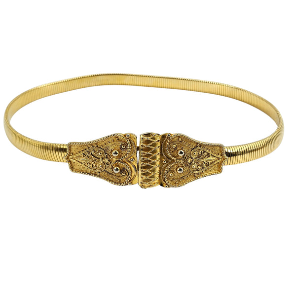 Gold snake-chain stretch belt with ornate filigree buckle and textured center bar