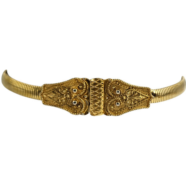 Gold snake-chain belt with wide embossed buckle and textured middle panel