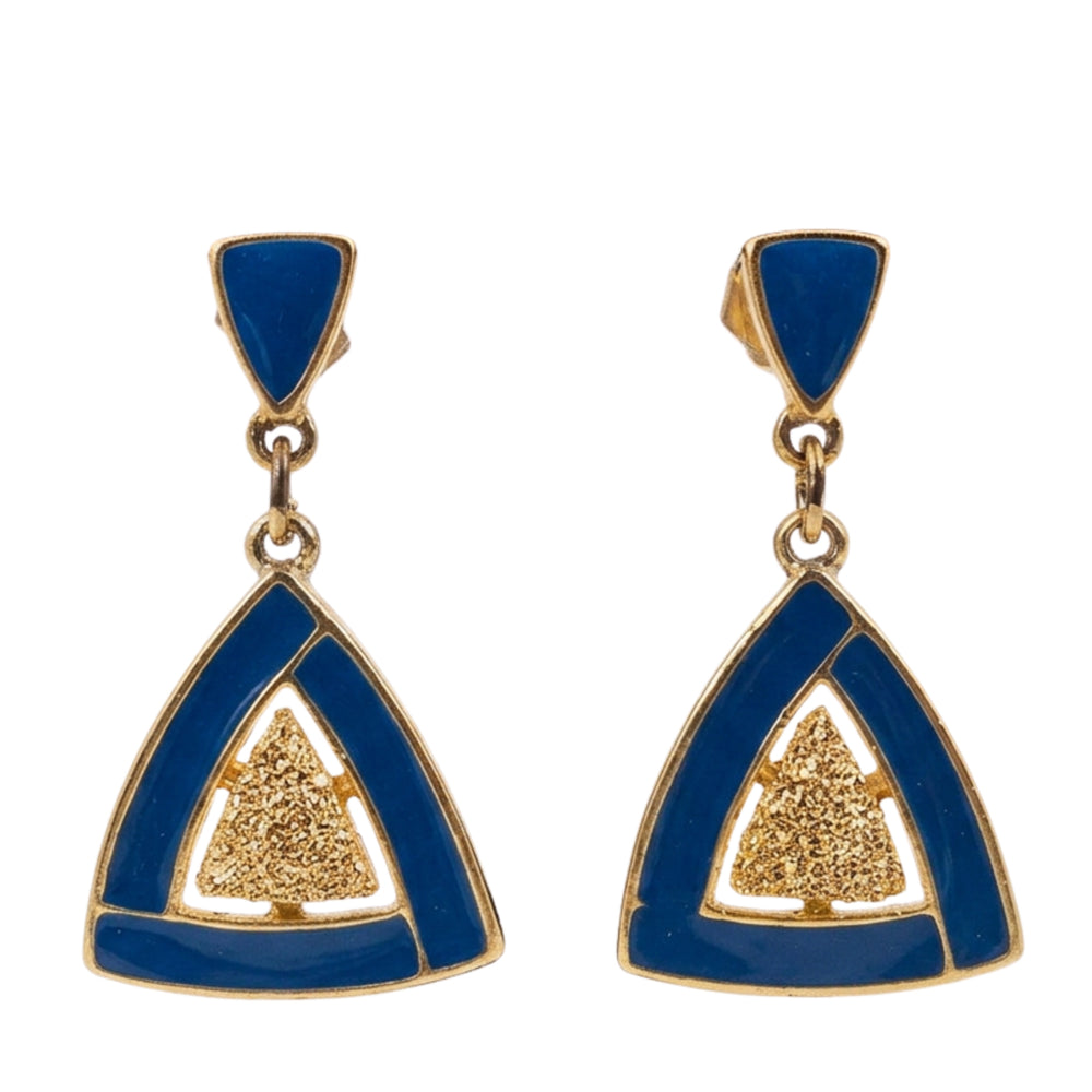 Gold triangle drop earrings with blue enamel and textured center detail