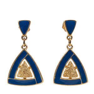 Gold triangle drop earrings with blue enamel and textured center detail