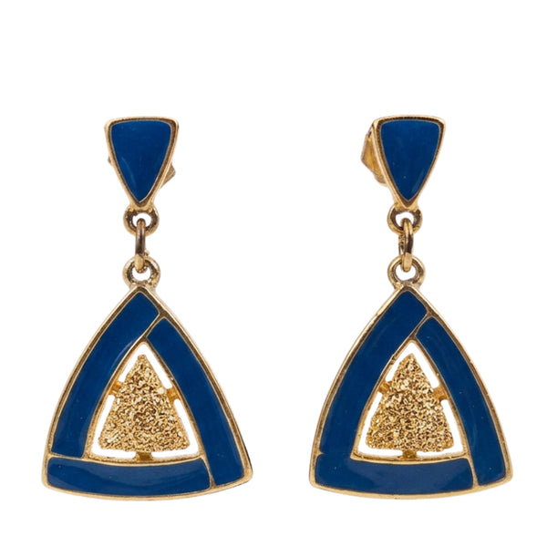 Gold triangle drop earrings with blue enamel and textured center detail