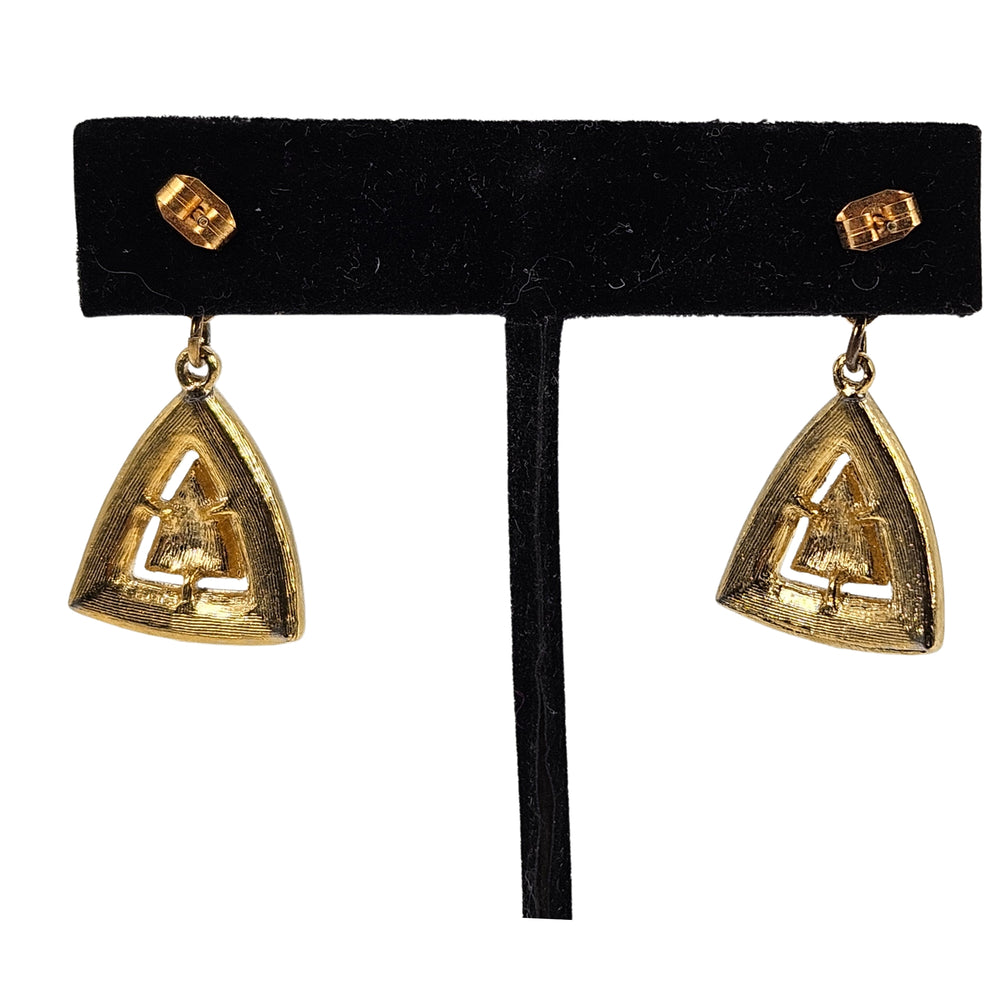 Gold triangle drop earrings with blue enamel and textured center detail