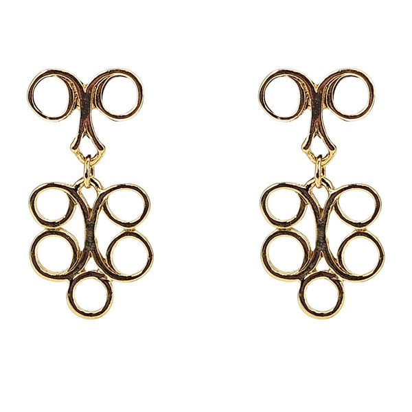 Gold tone dangle earrings with circular loop cluster, vintage leaf motif