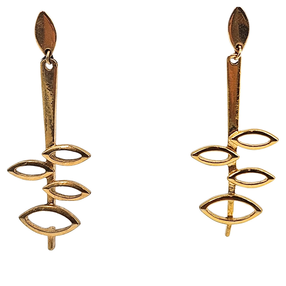 Gold drop earrings with stacked leaf-like ovals and teardrop caps