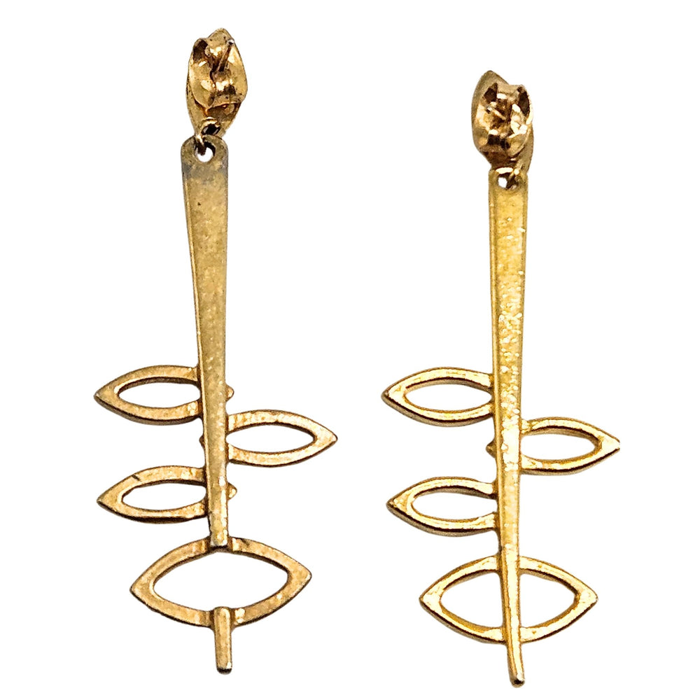 Gold drop earrings with stacked leaf-like ovals and teardrop caps