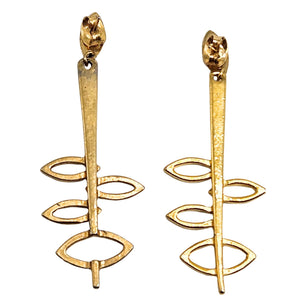 Gold drop earrings with long vertical bar, leaf-like cutouts, and textured tops