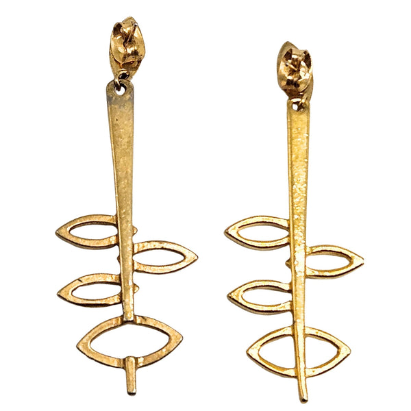 Gold drop earrings with long vertical bar, leaf-like cutouts, and textured tops