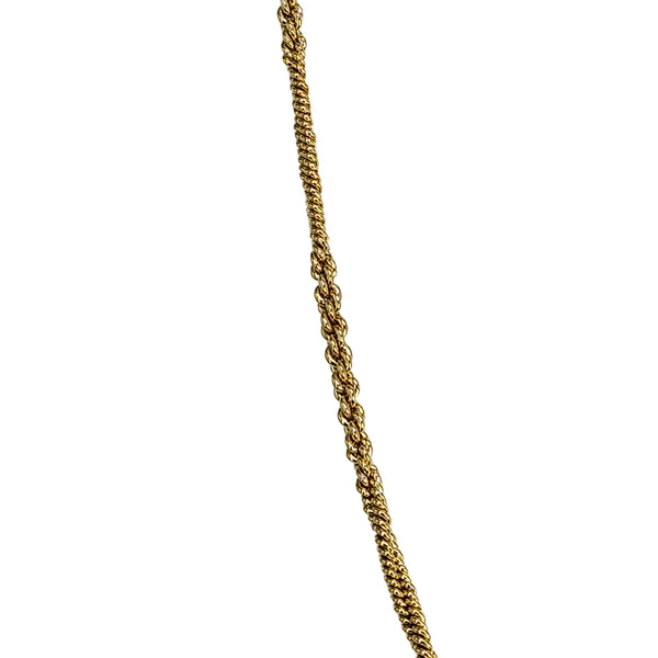 Gold chain necklace vertical view, textured curb links and interlocking loops