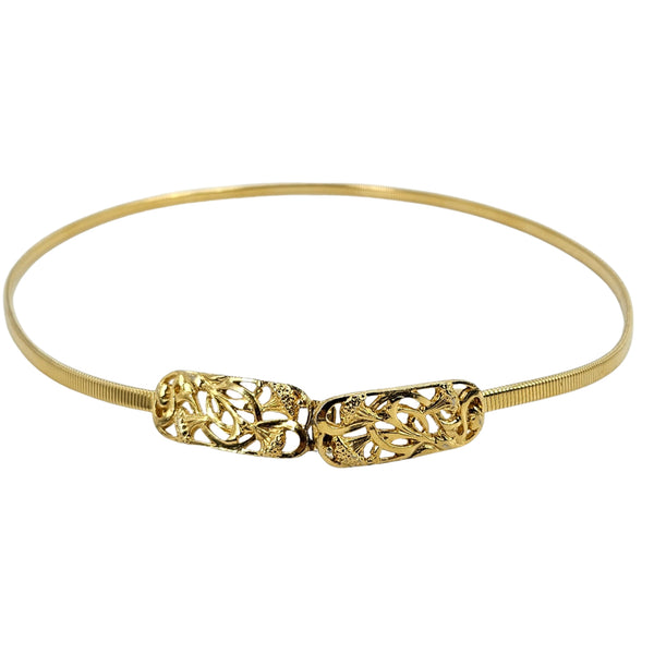 Gold vintage costume belt with ornate filigree buckle and elastic stretch band.