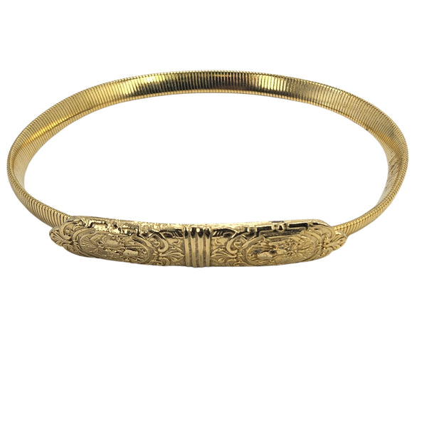 Gold stretch costume belt with ornate engraved oval center panel and ribbed band