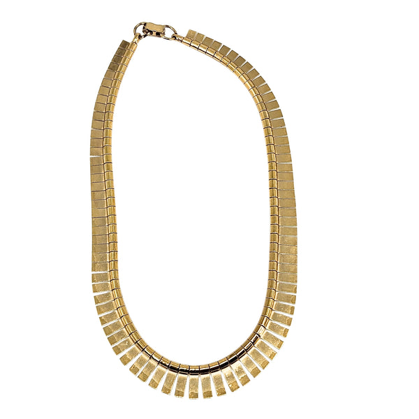 Gold-tone collar necklace with segmented rows and linked chain clasp, oval bib shape