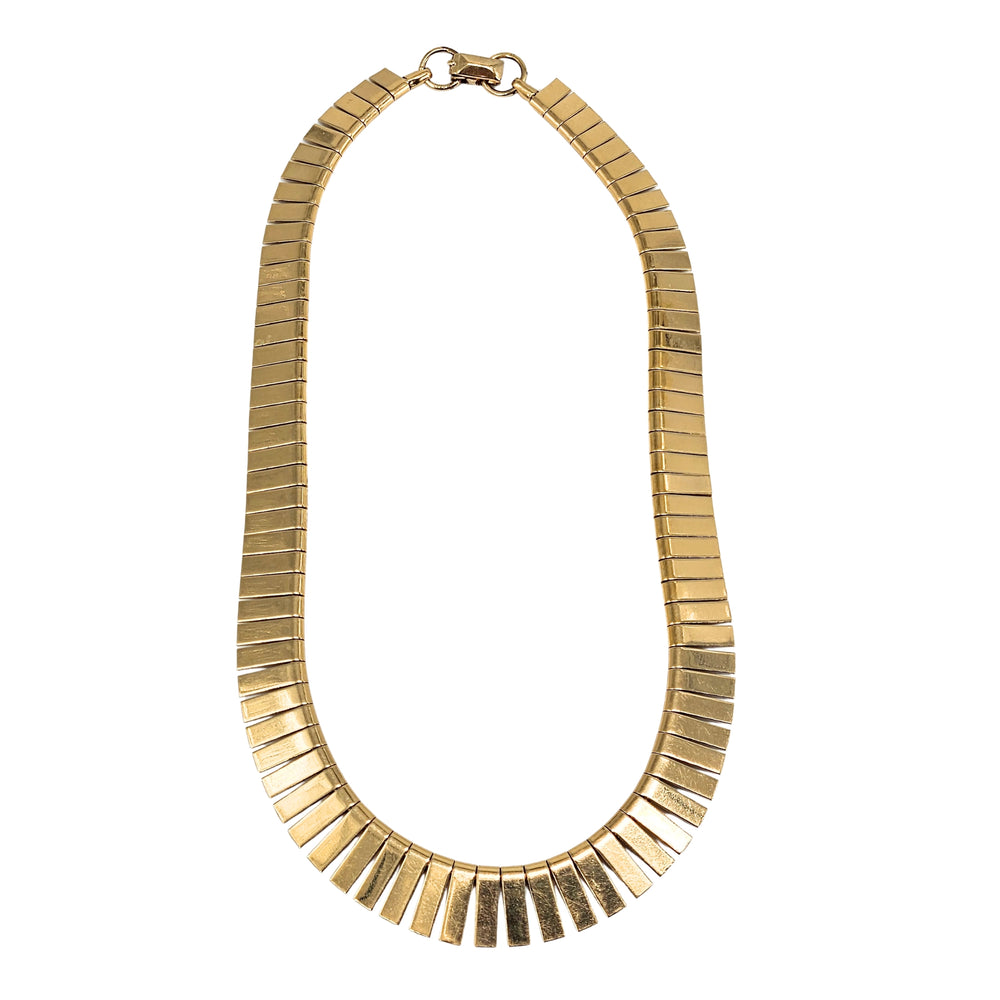 Gold-tone oval collar necklace with ribbed segmented bars and small chain clasp