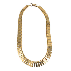 Gold-tone oval collar necklace with ribbed segmented bars and small chain clasp