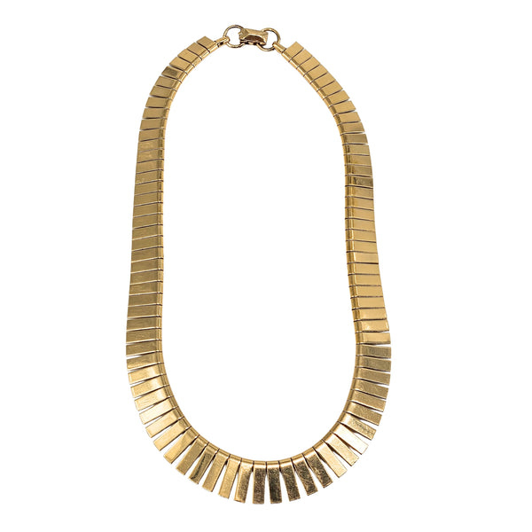 Gold-tone oval collar necklace with ribbed segmented bars and small chain clasp