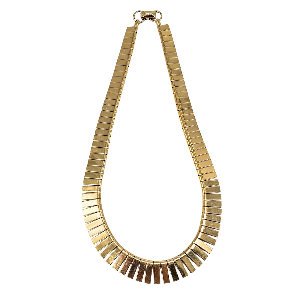 Gold-tone oval collar necklace with ribbed segmented bars and small chain clasp