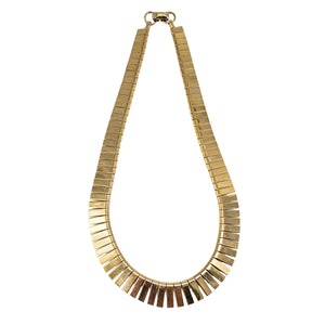 Gold-tone teardrop collar necklace with stacked segmented bar details and chain clasp