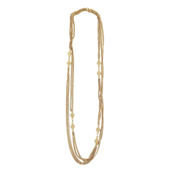 Gold-tone double Cuban chain station necklace with layered links and star stations, vertical view