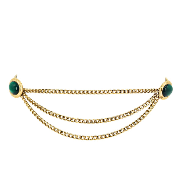 Vintage 1970s Gold-Tone Stretch Belt with Green Cabochons & Draped Chains