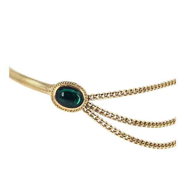 Vintage 1970s Gold-Tone Stretch Belt with Green Cabochons & Draped Chains