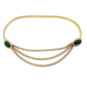 Vintage 1970s Gold-Tone Stretch Belt with Green Cabochons & Draped Chains