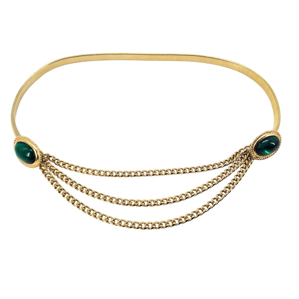 Vintage 1970s Gold-Tone Stretch Belt with Green Cabochons & Draped Chains