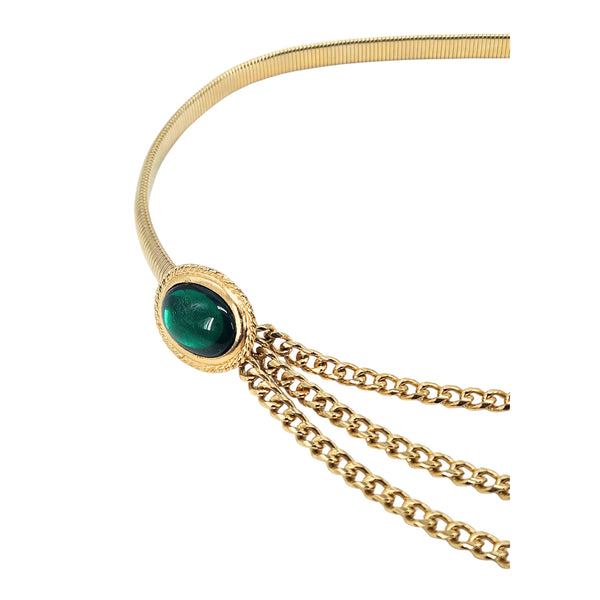 Vintage 1970s Gold-Tone Stretch Belt with Green Cabochons & Draped Chains