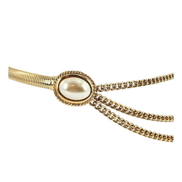 Vintage 1970s Gold-Tone Stretch Belt with Ivory Cabochons & Draped Chains