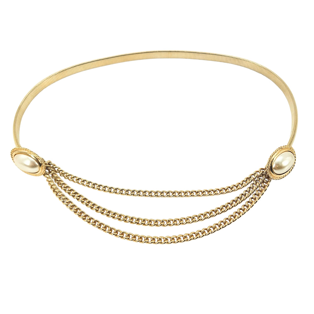 Gold-tone stretch belt with ivory cabochon ends and draped chain fringe