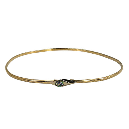 Gold-tone stretch snake chain belt with an oval multicolor cabochon buckle