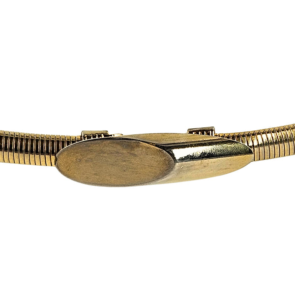 Close-up of the belt's oval clasp and ribbed gold-tone snake chain.