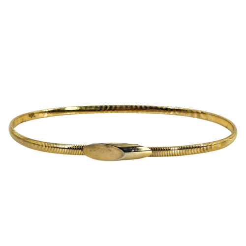 Gold-tone stretch snake chain belt with oval clasp, shown in a full loop.