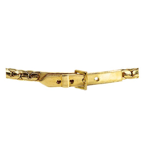 Gold chain belt with decorative links and mini rectangular buckle clasp