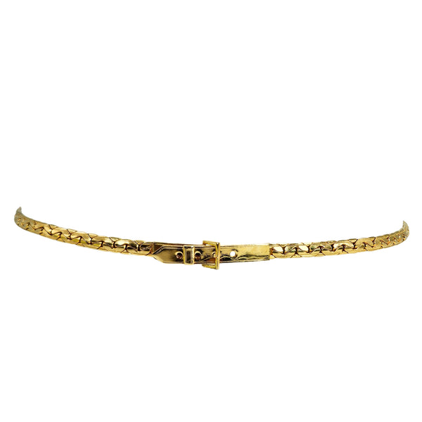 Gold chain belt with textured links and mini buckle clasp detail