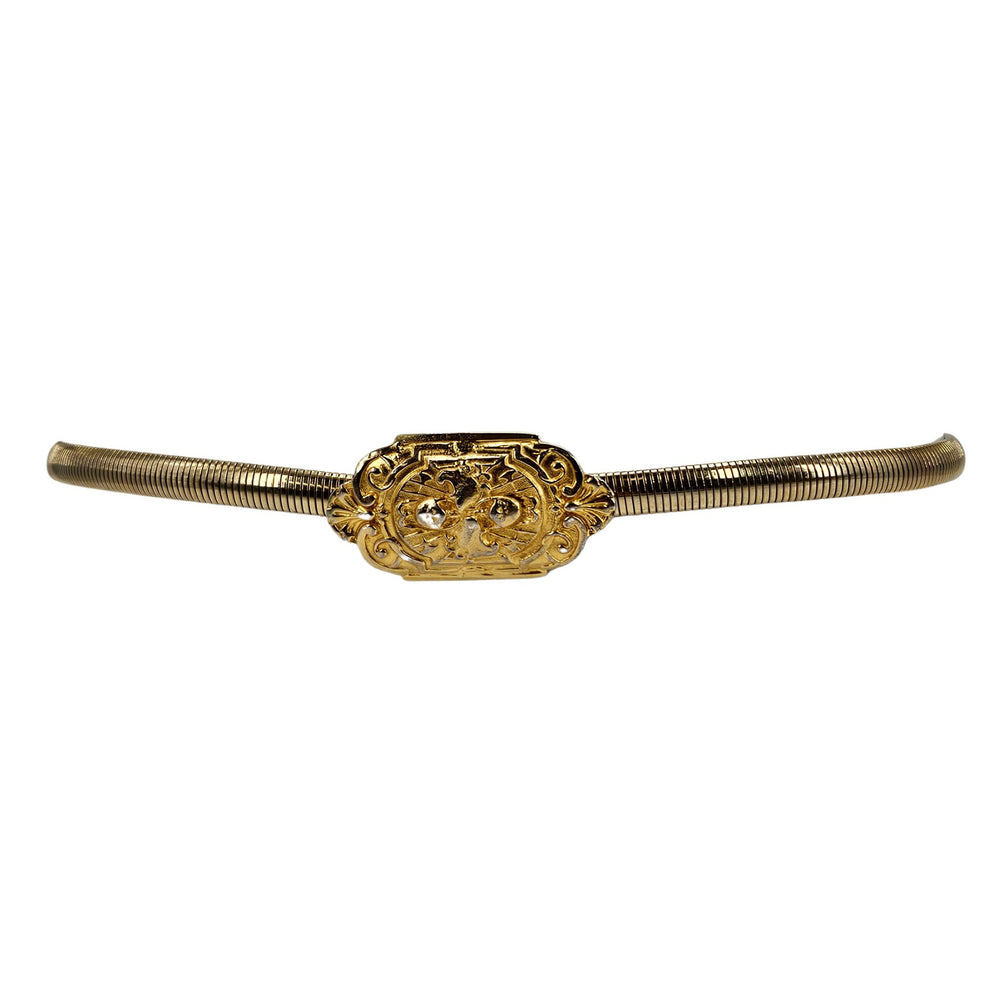 Gold stretch belt with ornate baroque oval buckle and gold snake-textured strap