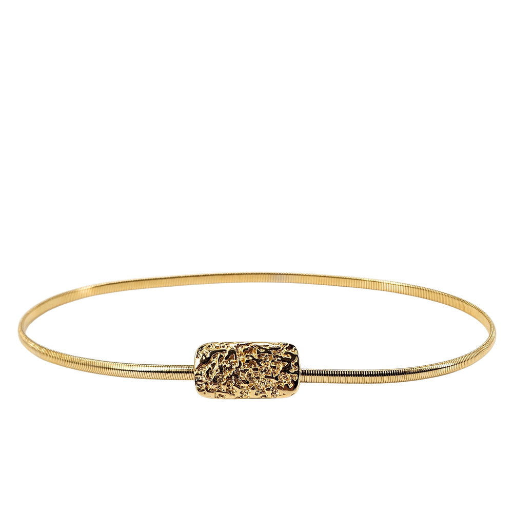 Gold stretch belt with textured nugget buckle detail
