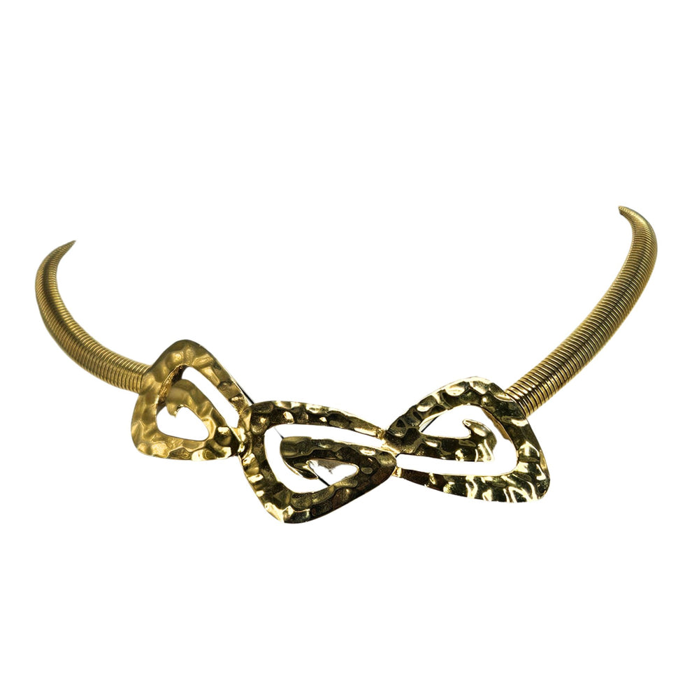 Goldtone hammered necklace with double heart bow pendant and mesh-like chain